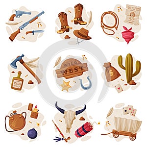 Wild West Objects Composition with Boots, Gun, Hatchet, Lasso, Wagon and Skull Vector Set