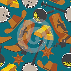 Wild west objects for gold rush or cowboy in seamless pattern on blue background. Flat wrangler boots, gold bar, puncher hat, banj