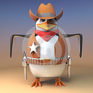 WIld west penguin cowboy sheriff is quick on the draw in any gun duel, 3d illustration