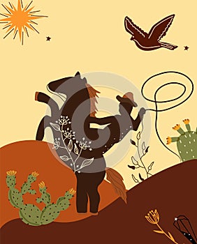 Wild west poster with a cowboy on a horse in desert, cactus, eagle. Further Old West in flat style. Vector illustration