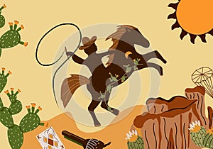 Wild west poster with a cowboy on a horse in desert, cactus, sun, gun. Further Old West in flat style. Vector