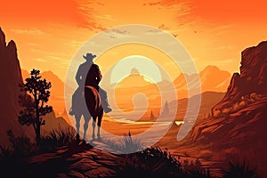 Wild west poster, cowboy riding into the sunset with his horse, wild west landscape. Generative AI