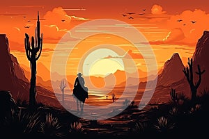 Wild west poster, cowboy riding into the sunset with his horse, wild west landscape. Generative AI