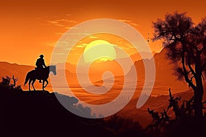 Wild west poster, cowboy riding into the sunset with his horse, wild west landscape. Generative AI