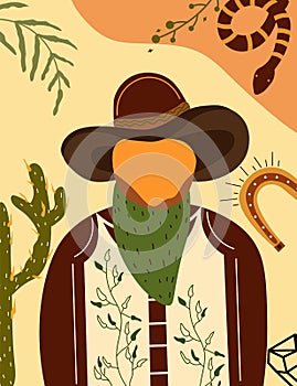 Wild west poster with a sheriff character in cowboy hat, snake, cactus. Further Old West in flat style. Vector