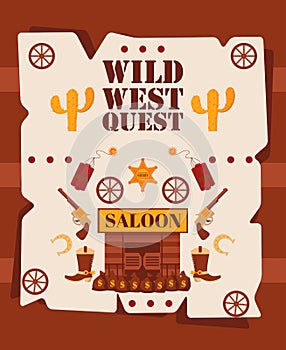 Wild West quest poster, vector illustration. Cartoon style symbols of American western cowboy adventures. Wild west