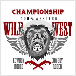 Wild west rodeo - bison head, vintage vector artwork for boy wear.