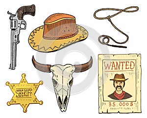 Wild west, rodeo show, cowboy or indians with lasso. hat and gun, cactus with horseshoe, sheriff star and bison, bull