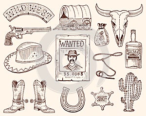 Wild west, rodeo show, cowboy or indians with lasso. hat and gun, cactus with sheriff star and bison, boot with