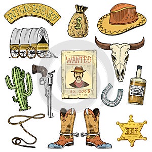 Wild west, rodeo show, cowboy or indians with lasso. hat and gun, cactus with sheriff star and bison, boot with