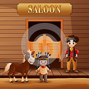 Wild west saloon with cowboy and american indian girl