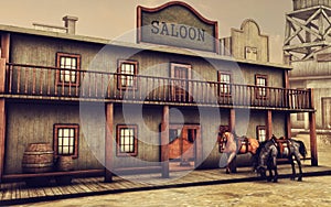 Wild West saloon and horses
