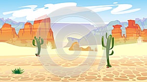 Wild west seamless pattern with mountains and cacti. Retro western background for games, ui, posters etc. Vector wild west