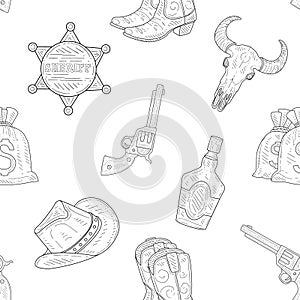Wild West Seamless Pattern, Western, Cowboy Hand Drawn Symbols Monochrome Vector Illustration