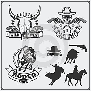 Wild west. Set of rodeo, sheriff and cowboy vintage emblems, labels, badges and design elements.