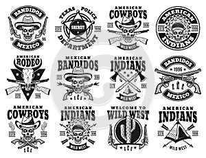 Wild west set of vector emblems, labels, badges