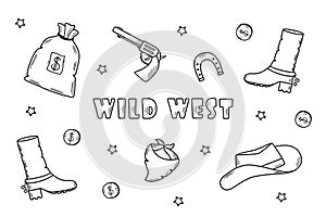 Wild West set of vector illustrations. Cowboy western elements icon. hat, neckerchief, boots, lasso, horseshoe, bag and