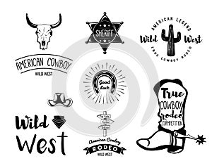 Wild West. Set of vintage rodeo emblems, labels, logos, badges