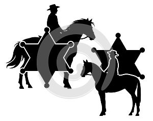 Wild west sheriff cowboy riding horse black vector silhouette against star badge design set
