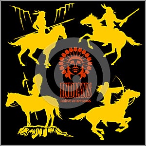 Wild west silhouettes - native american warriors riding horses