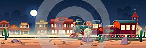 Wild west steam train at night western town vector