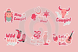 Wild west stickers cowgirl concept with lettering. Badge, label with lettering