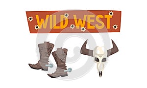 Wild West Symbols Set, Bull Skull and Cowboy Boots Cartoon Vector Illustration