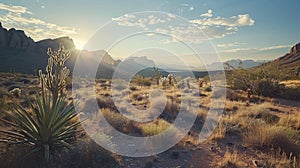 Wild west texas desert landscape in the morning light with mountains and cacti