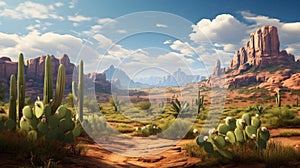Wild West Texas desert landscape with mountains and cacti