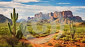 Wild West Texas desert landscape with mountains and cacti