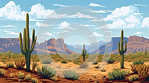 Wild West Texas desert landscape with mountains and cacti