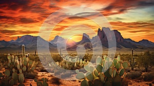 Wild West Texas desert landscape with sunset with mountains and cacti