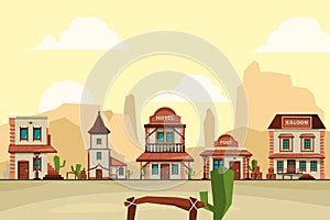 Wild west town. Old western architectural elements city background with saloon bar and store vector background