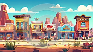 In a wild west town street with an old cowboy saloon building, cartoon western banks, stores, and hotels are arranged