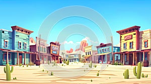 A wild west town street with old cowboy saloon building modern background. Cartoon western bank, store, and hotel house