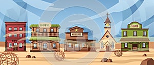 Wild west town. Western America street with old wooden church, rustic hotel, saloon and bank buildings. Cowboy city cartoon vector