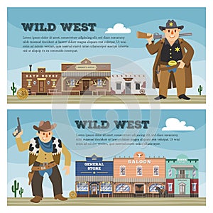 Wild west vector cowboy character saloon western building house in street countryside illustration wildly backdrop of