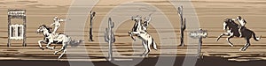 Wild west vector seamless border. Male background with silhouette of cowboys, horses. Lined pattern Texas chase and gunfight. Hand