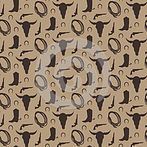 Wild west vector seamless pattern. Cowboy male background with boot, horseshoe, gun, skull bull, lasso.