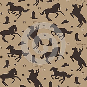Wild west vector seamless pattern. Cowboy male background with horses, horseshoe, sheriff badge, boot, hat.