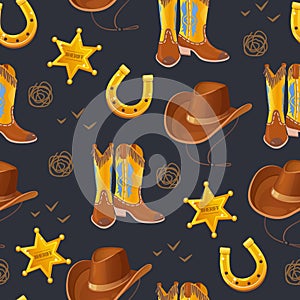 Wild west vector seamless pattern includes golden horseshoe, cowboy hat and boots, sheriff badge. photo