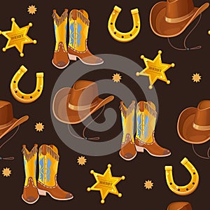 Wild west vector seamless pattern includes golden horseshoe, cowboy hat and boots, sheriff badge. photo