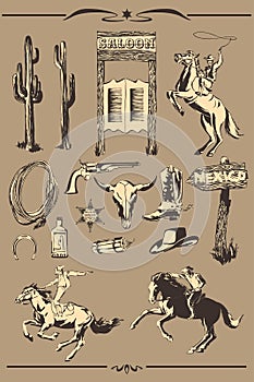 Wild west vector set. Hand drawn illustration with silhouette of cowboy, horse, horseshoe, boot, hat, gun, lasso for cowboy paty.