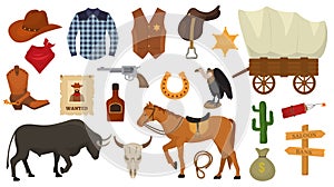 Wild west vector western cowboy or sheriff signs hat or horseshoe in wildlife desert with cactus illustration wildly