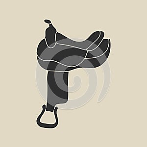 Wild west vintage element in modern flat, line style. Hand drawn retro vector illustration of old western cowboy leather saddle,