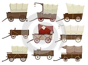 Wild west wagons cartoon set. Old western carriage icons isolated on white background