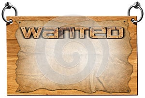 Wild West Wanted Sign with Empty Parchment Isolated on White Background