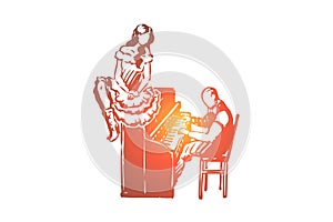 Wild, west, woman, piano, romance concept. Hand drawn isolated vector.