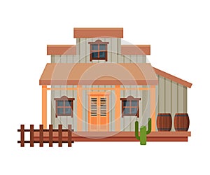 Wild West Wooden House Building, Architectural Construction of Western Town Vector Illustration