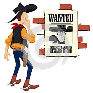 Wild west world. Cowboy next to wanted poster. Funny people